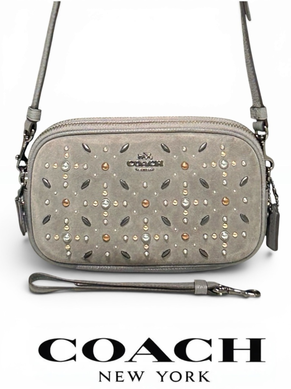 COACH Prairie Rivets Suede & Pebble Leather Crossbody/Wristlet in Heather Grey